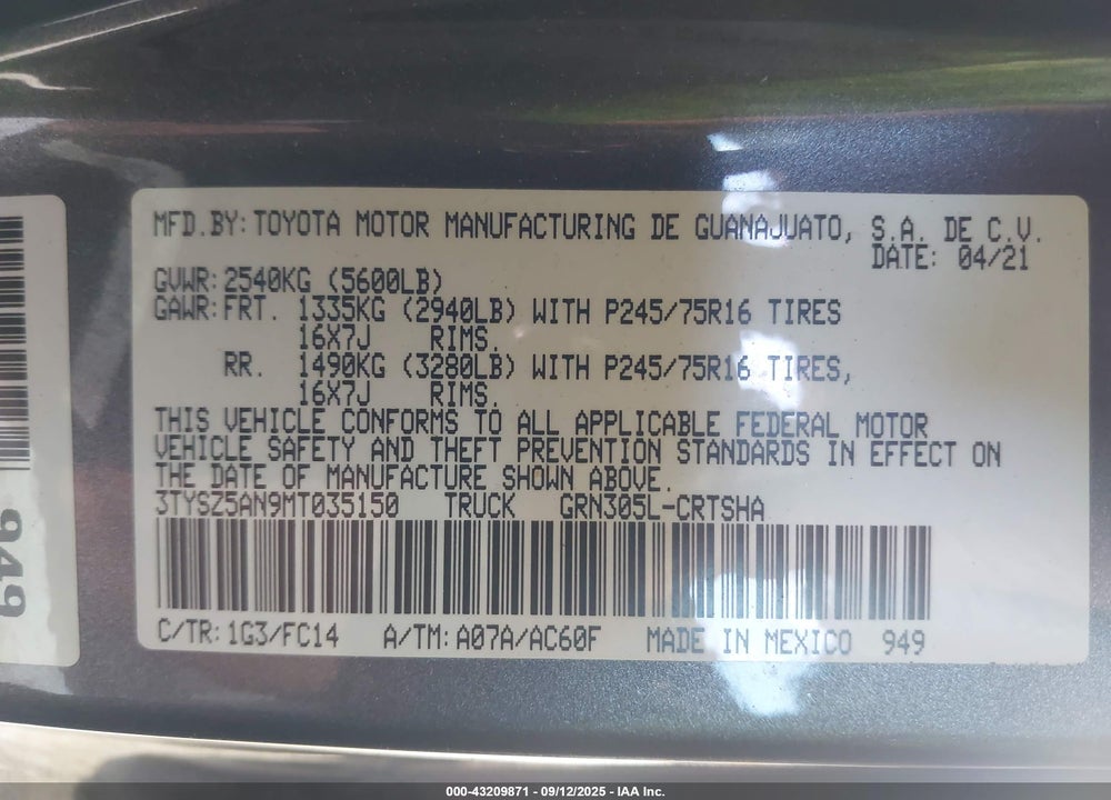 2021 TOYOTA TACOMA VIN: 3TYSZ5AN9MT035150