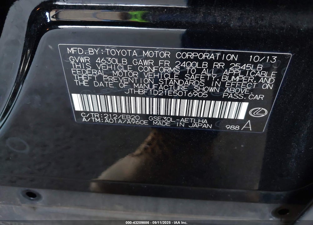 2014 LEXUS IS 250 VIN: JTHBF1D21E5016905
