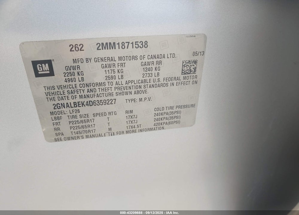 2013 CHEVROLET EQUINOX VIN: 2GNALBEK4D6359227