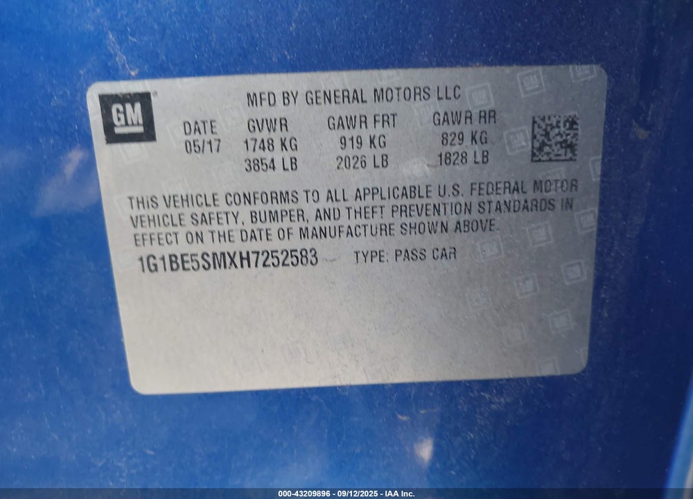 2017 CHEVROLET CRUZE VIN: 1G1BE5SMXH7252583