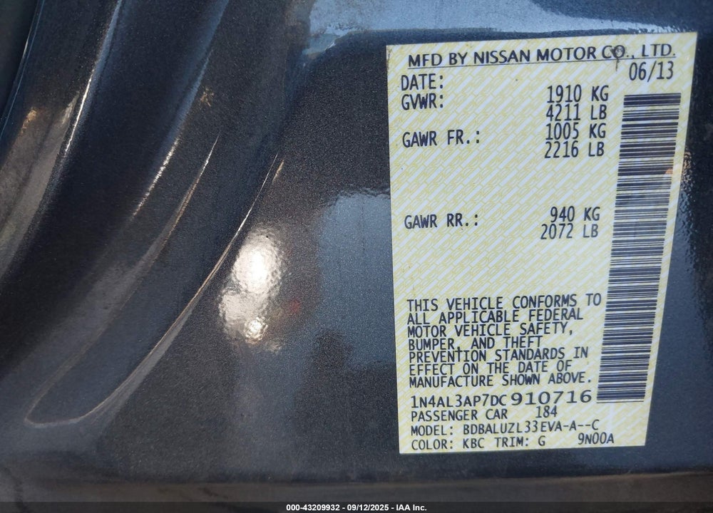 2013 NISSAN ALTIMA VIN: 1N4AL3AP7DC910716