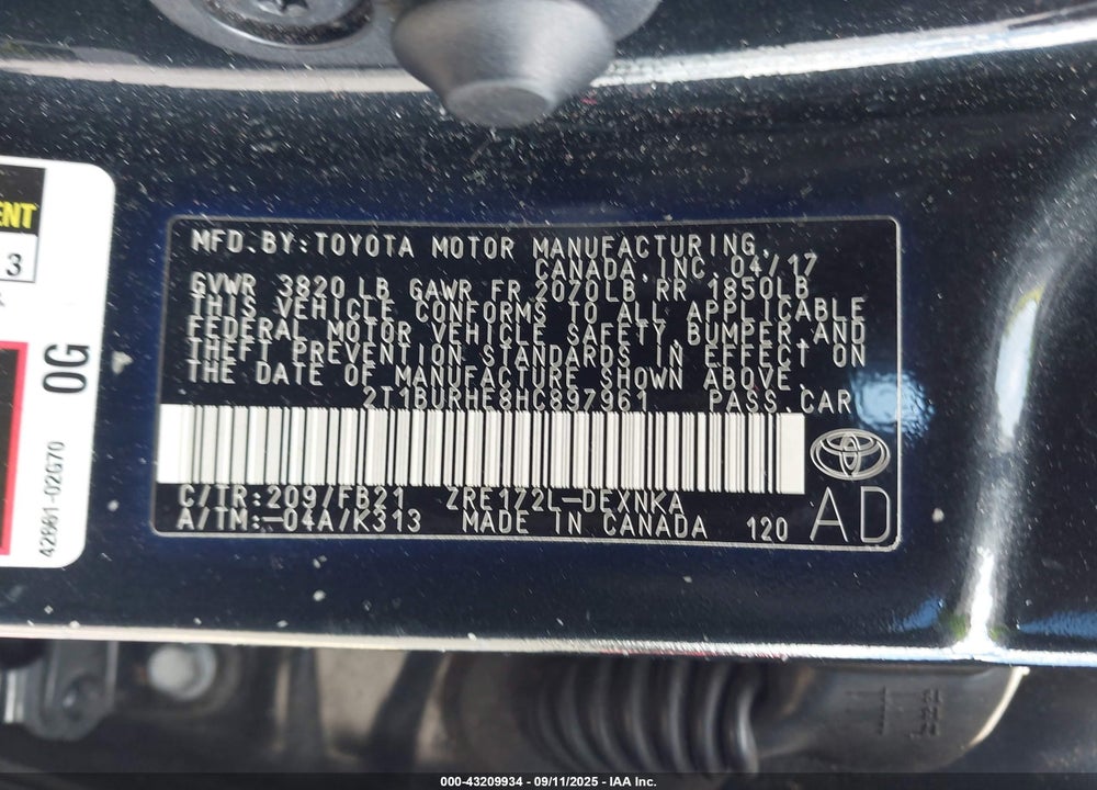 2017 TOYOTA COROLLA LE VIN: 2T1BURHE8HC897961