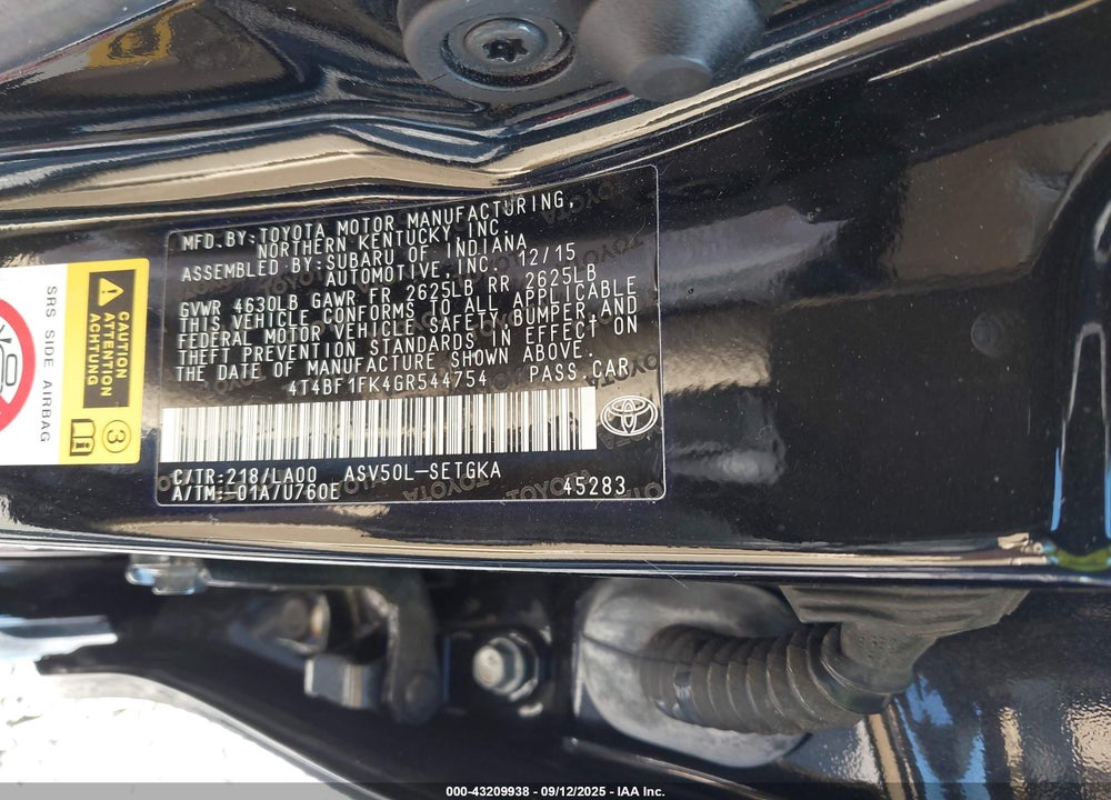 2016 TOYOTA CAMRY XLE VIN: 4T4BF1FK4GR544754