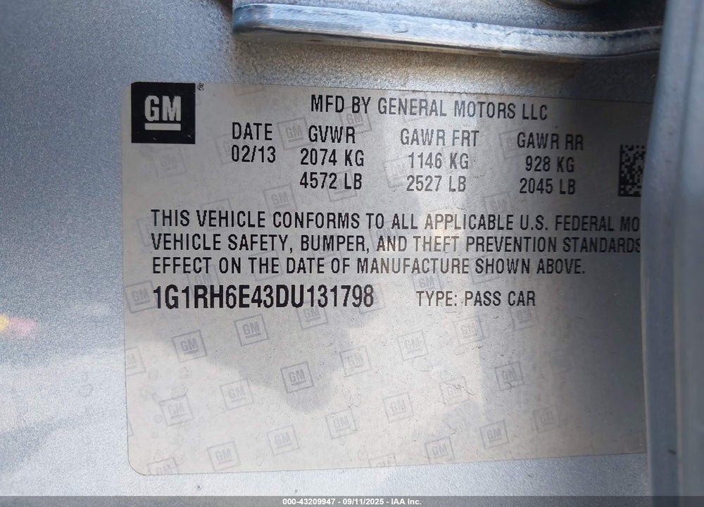 2013 CHEVROLET VOLT VIN: 1G1RH6E43DU131798