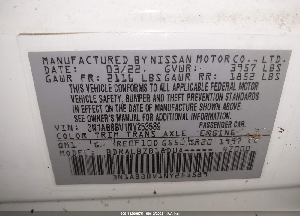2022 NISSAN SENTRA VIN: 3N1AB8BV1NY253589
