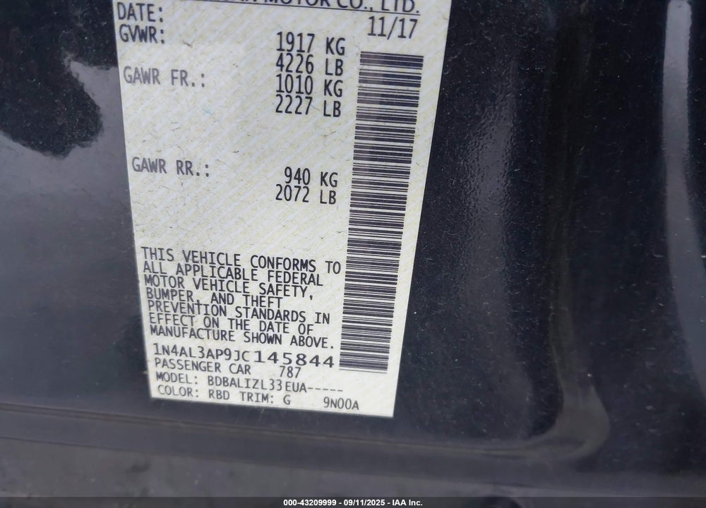2018 NISSAN ALTIMA VIN: 1N4AL3AP9JC145844