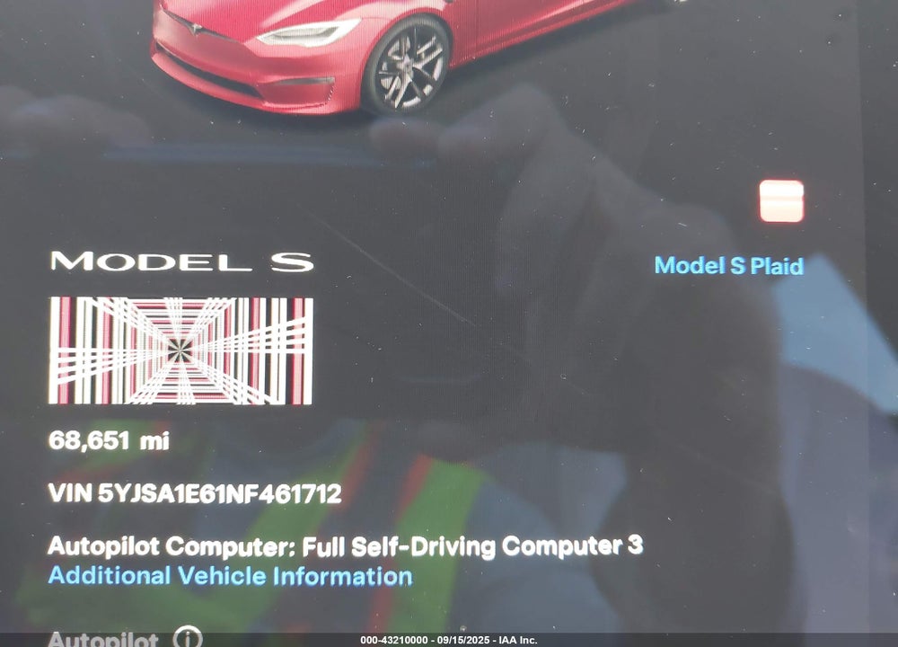 2022 TESLA MODEL S PLAID TRI MOTOR ALL-WHEEL DRIVE VIN: 5YJSA1E61NF461712