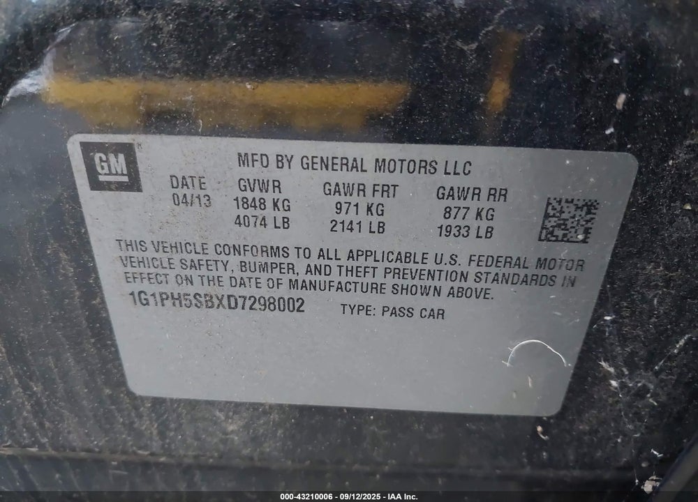 2013 CHEVROLET CRUZE VIN: 1G1PH5SBXD7298002