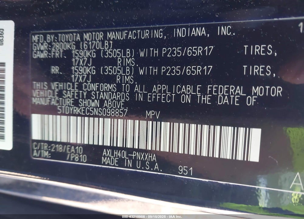 2022 TOYOTA SIENNA VIN: 5TDYRKEC5NS098857