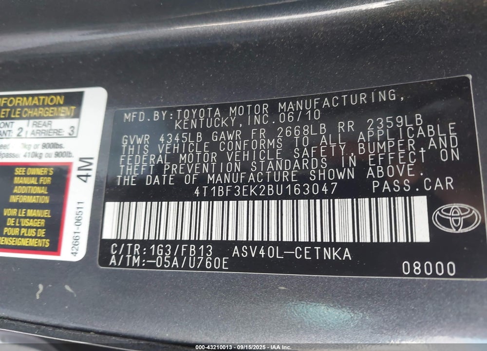 2011 TOYOTA CAMRY LE VIN: 4T1BF3EK2BU163047