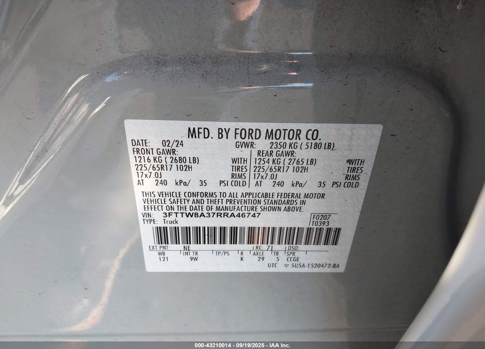 2024 FORD MAVERICK VIN: 3FTTW8A37RRA46747