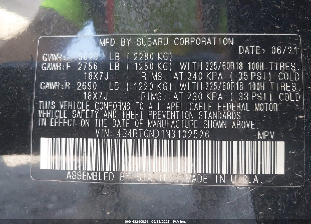 2022 SUBARU OUTBACK VIN: 4S4BTGND1N3102526