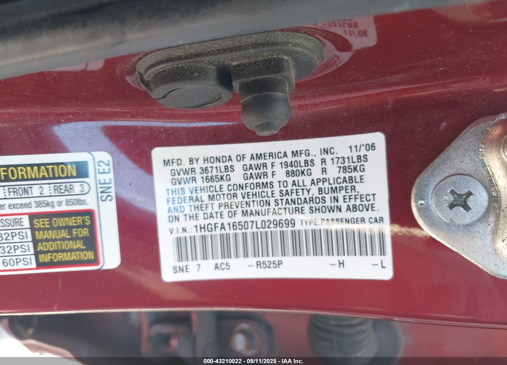 2007 HONDA CIVIC LX VIN: 1HGFA16507L029699