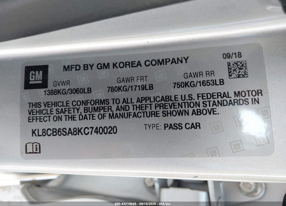 2019 CHEVROLET SPARK VIN: KL8CB6SA8KC740020