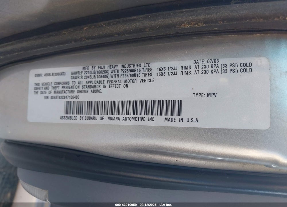 2004 SUBARU BAJA SPORT VIN: 4S4BT62C847100480