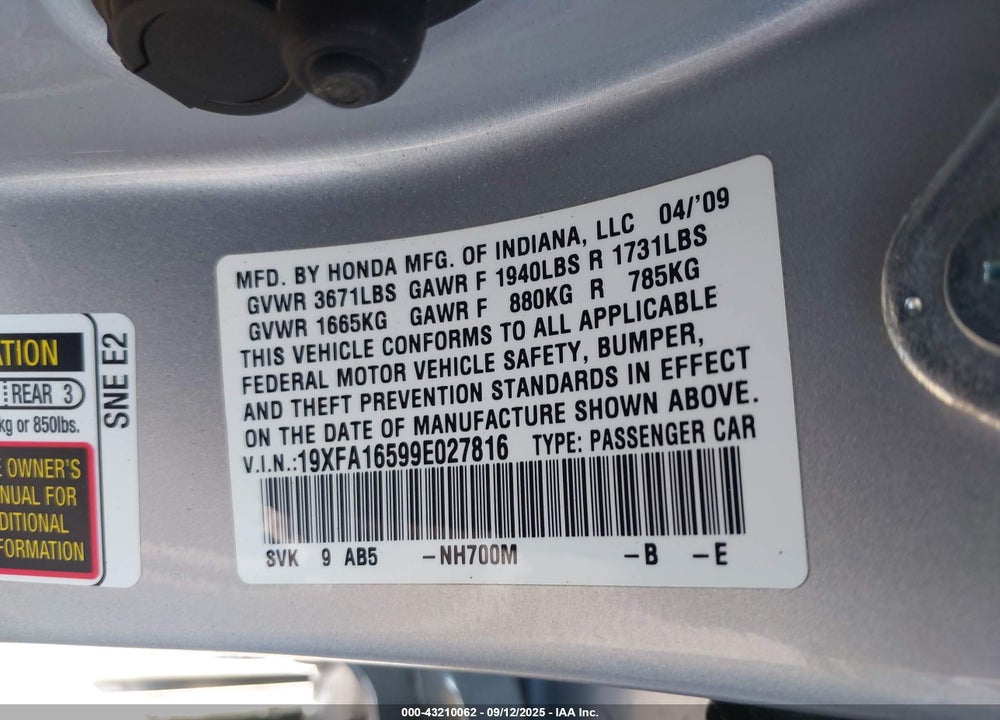 2009 HONDA CIVIC VIN: 19XFA16599E027816