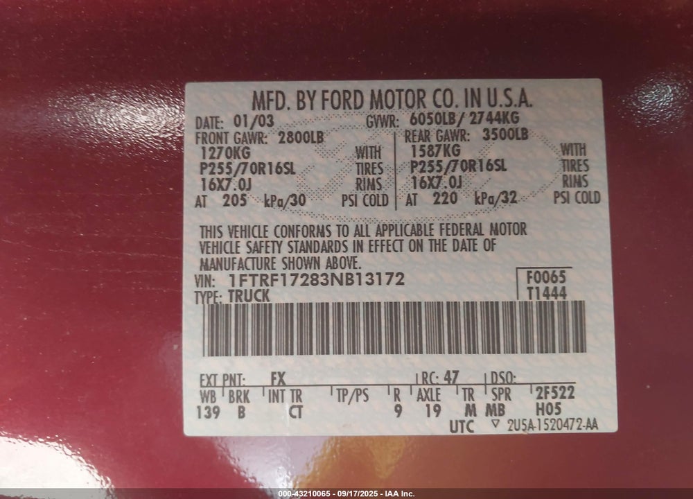 2003 FORD F-150 XL/XLT VIN: 1FTRF17283NB13172