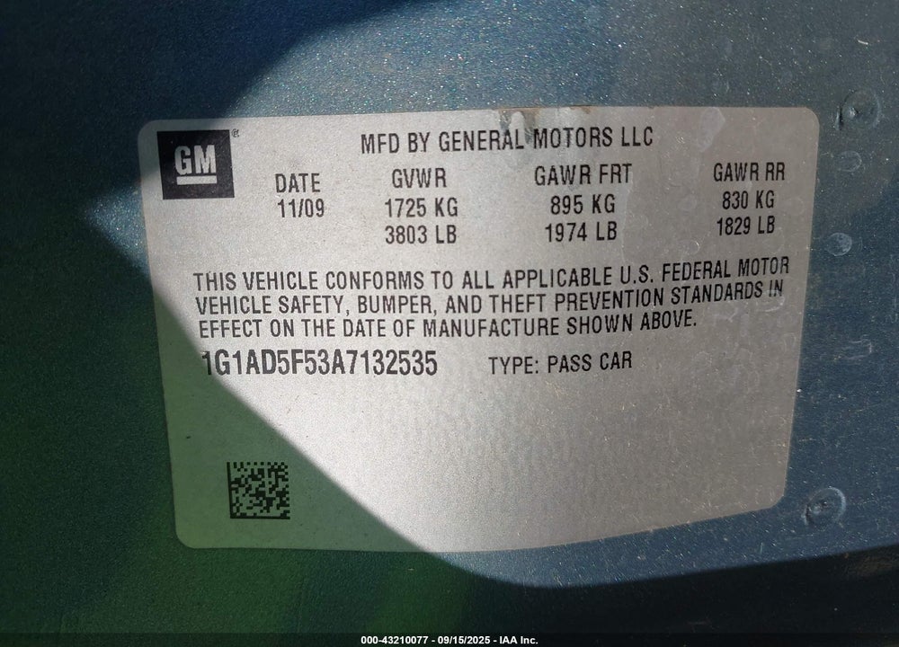 2010 CHEVROLET COBALT VIN: 1G1AD5F53A7132535