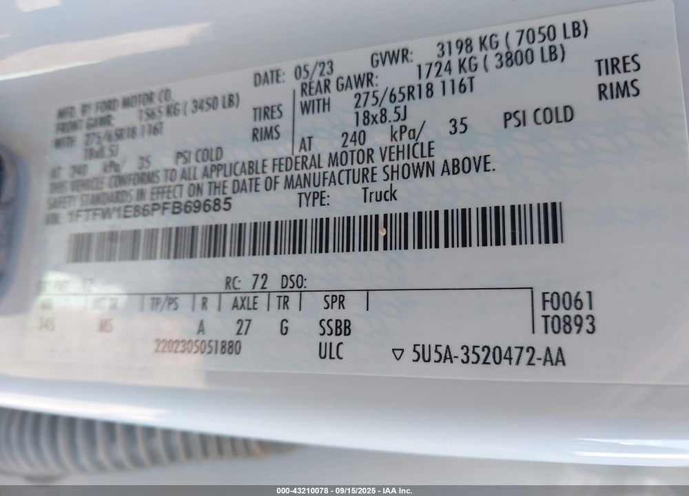 2023 FORD F-150 VIN: 1FTFW1E86PFB69685