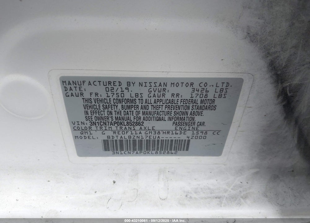2019 NISSAN VERSA VIN: 3N1CN7AP0KL852862