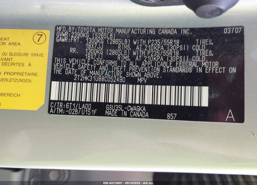2008 LEXUS RX 350 VIN: 2T2HK31U88C052490