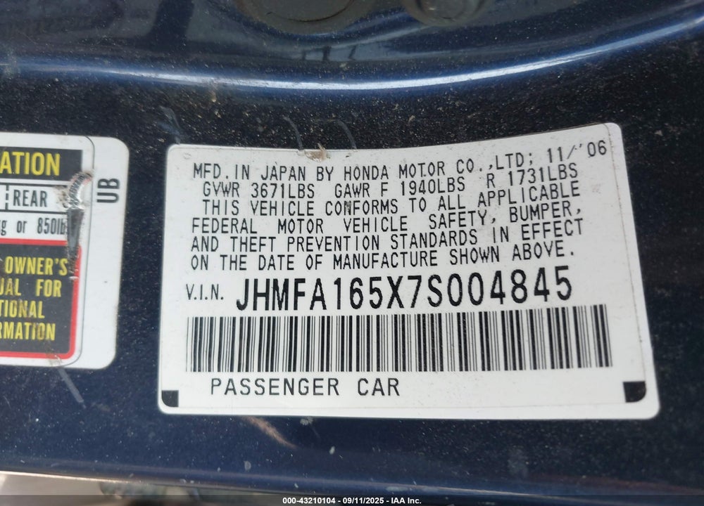 2007 HONDA CIVIC LX VIN: JHMFA165X7S004845