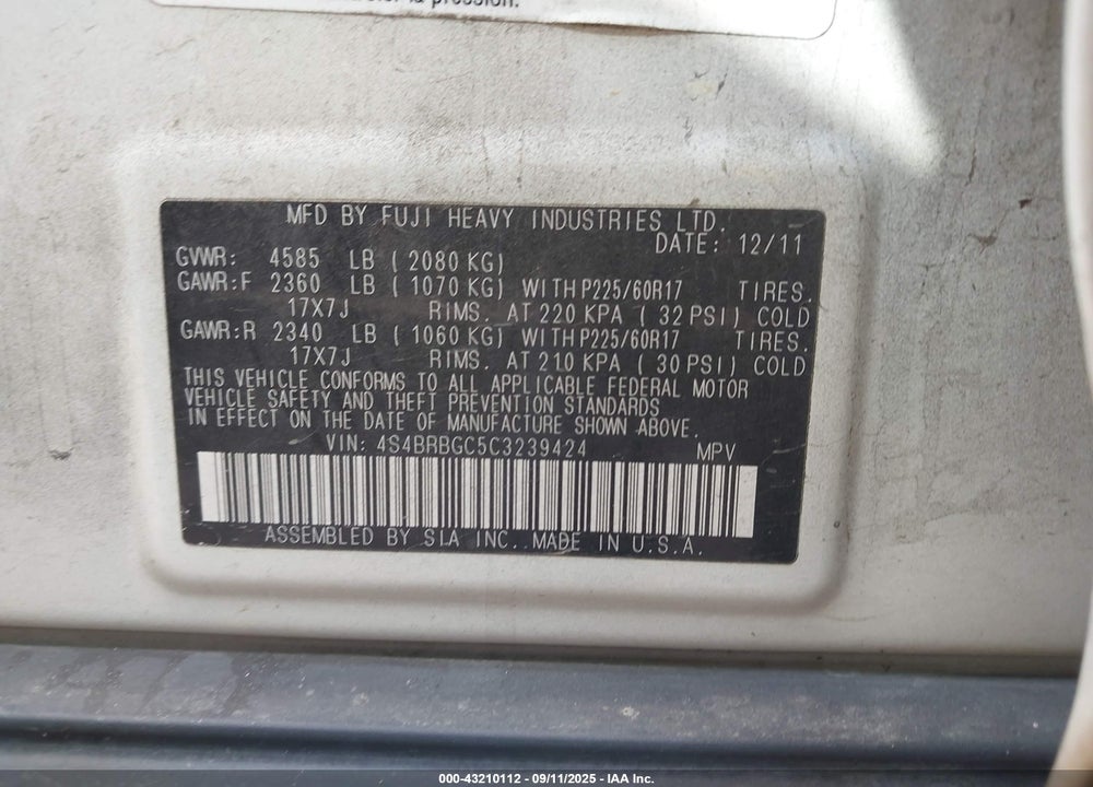 2012 SUBARU OUTBACK VIN: 4S4BRBGC5C3239424