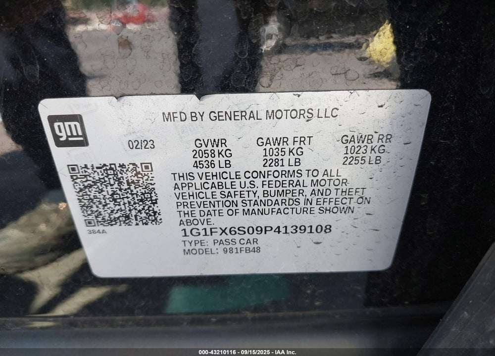 2023 CHEVROLET BOLT EV VIN: 1G1FX6S09P4139108