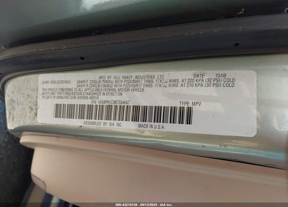 2009 SUBARU OUTBACK VIN: 4S4BP61C897334647