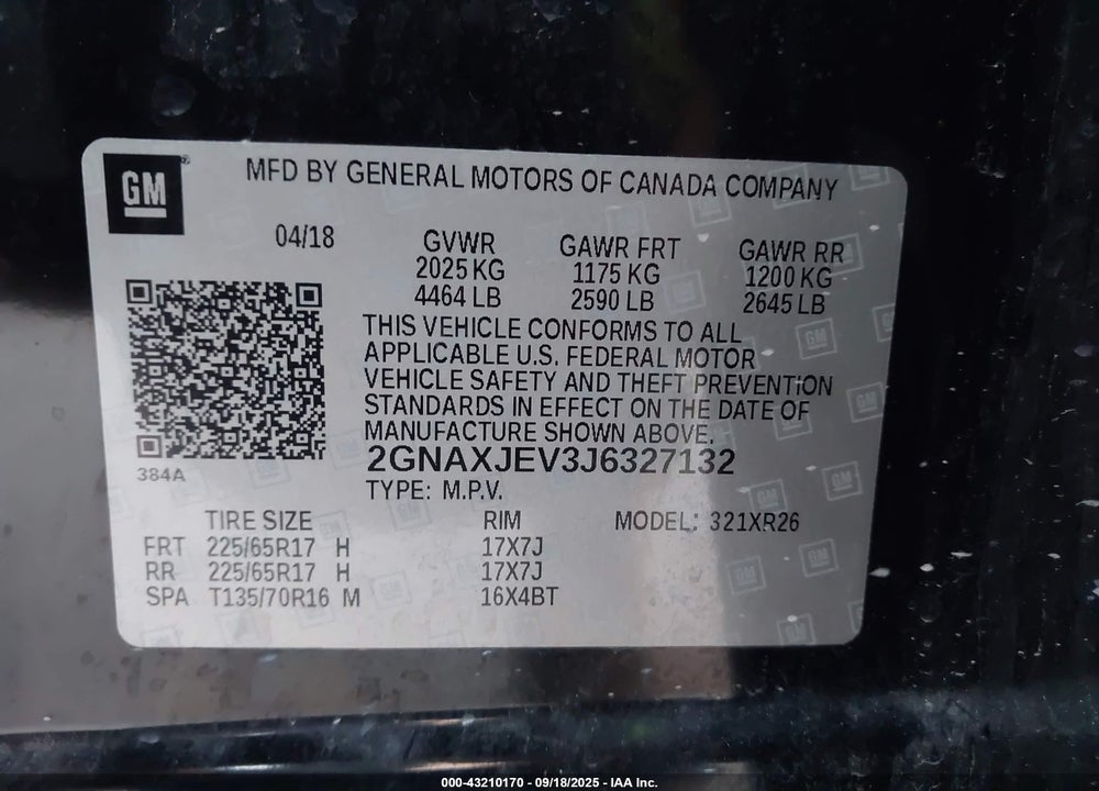2018 CHEVROLET EQUINOX LT VIN: 2GNAXJEV3J6327132