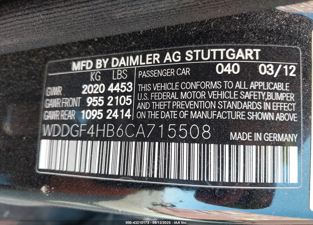 2012 MERCEDES-BENZ C CLASS VIN: WDDGF4HB6CA715508