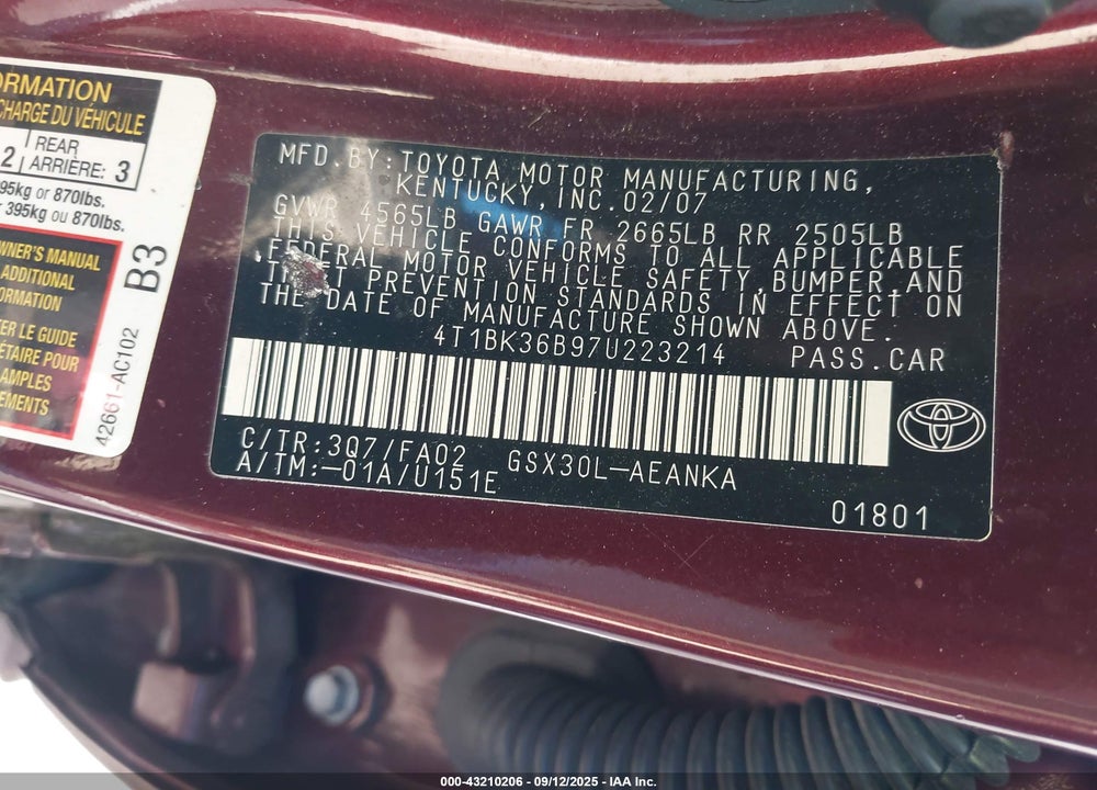 2007 TOYOTA AVALON XL VIN: 4T1BK36B97U223214