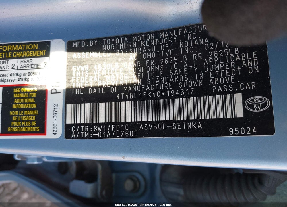 2012 TOYOTA CAMRY LE VIN: 4T4BF1FK4CR194617
