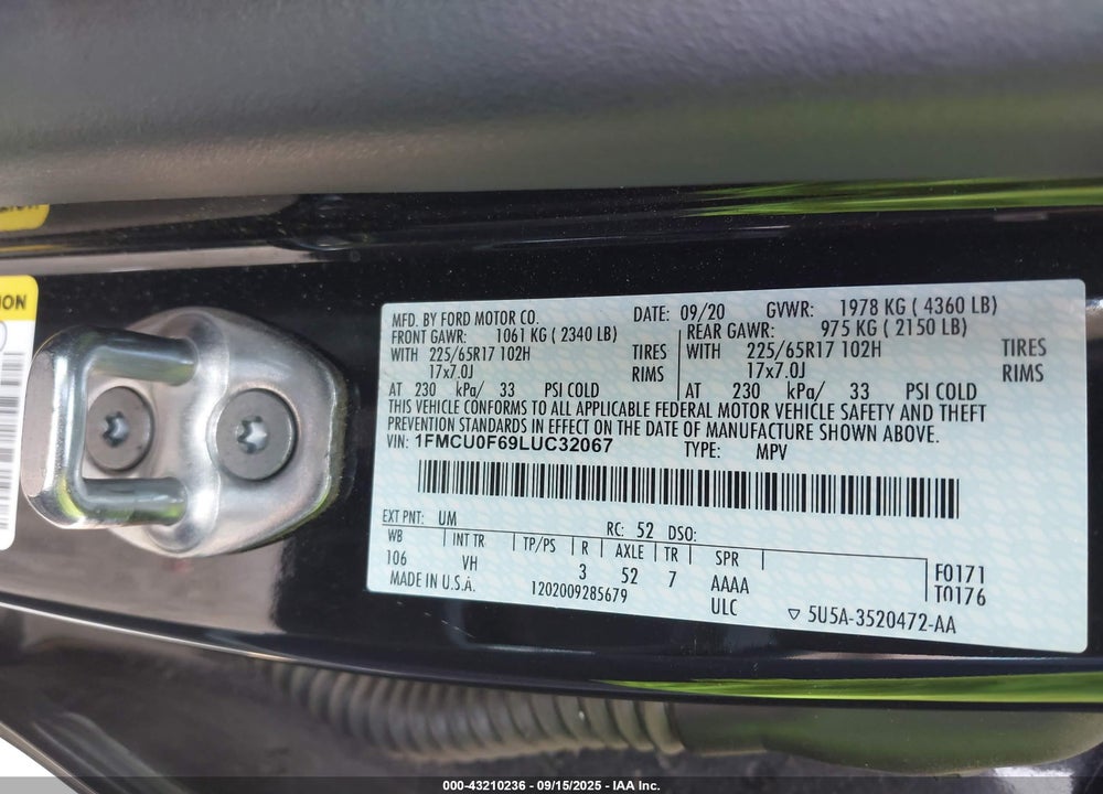 2020 FORD ESCAPE VIN: 1FMCU0F69LUC32067