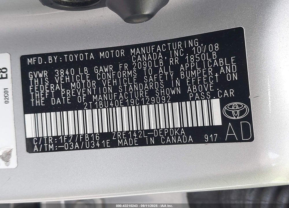 2009 TOYOTA COROLLA VIN: 2T1BU40E19C129092