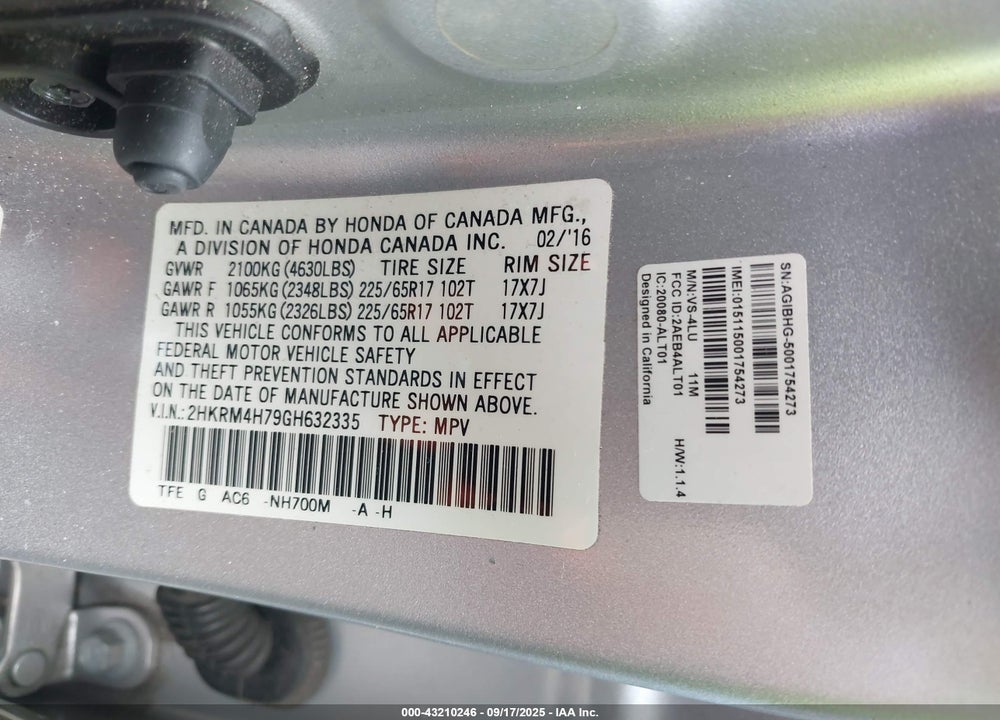2016 HONDA CR-V VIN: 2HKRM4H79GH632335
