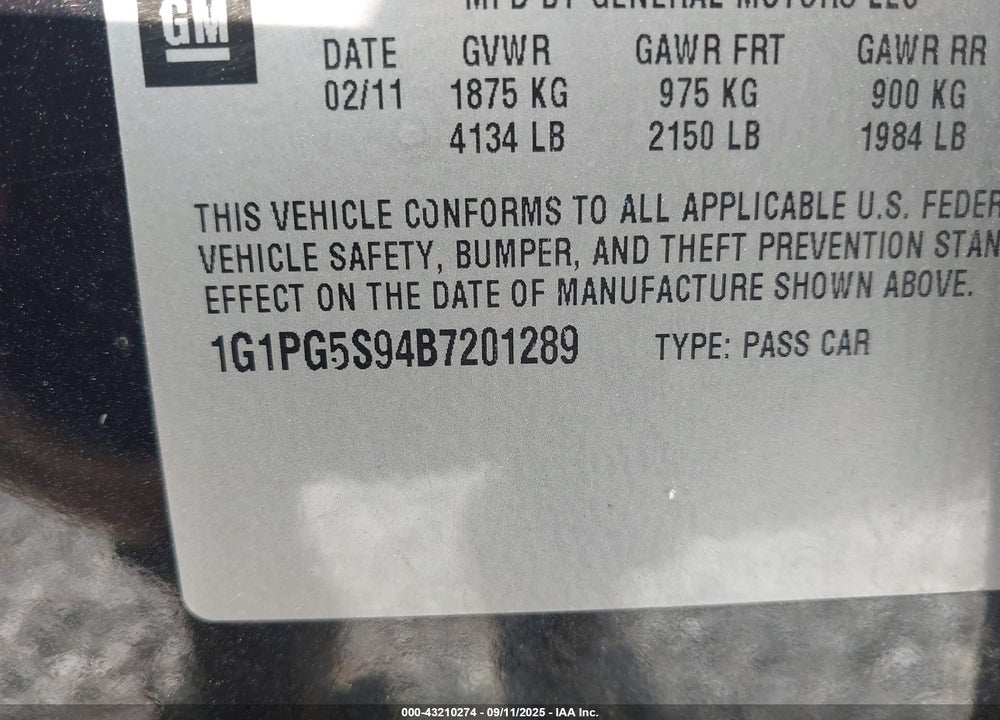 2011 CHEVROLET CRUZE VIN: 1G1PG5S94B7201289
