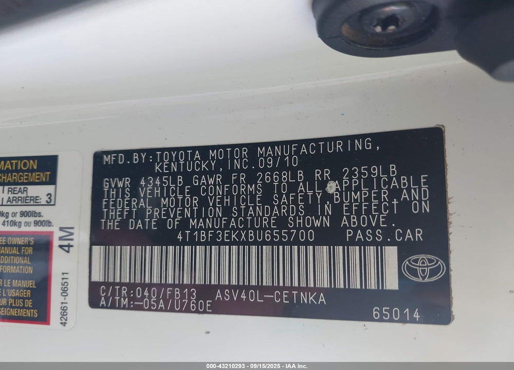 2011 TOYOTA CAMRY VIN: 4T1BF3EKXBU655700