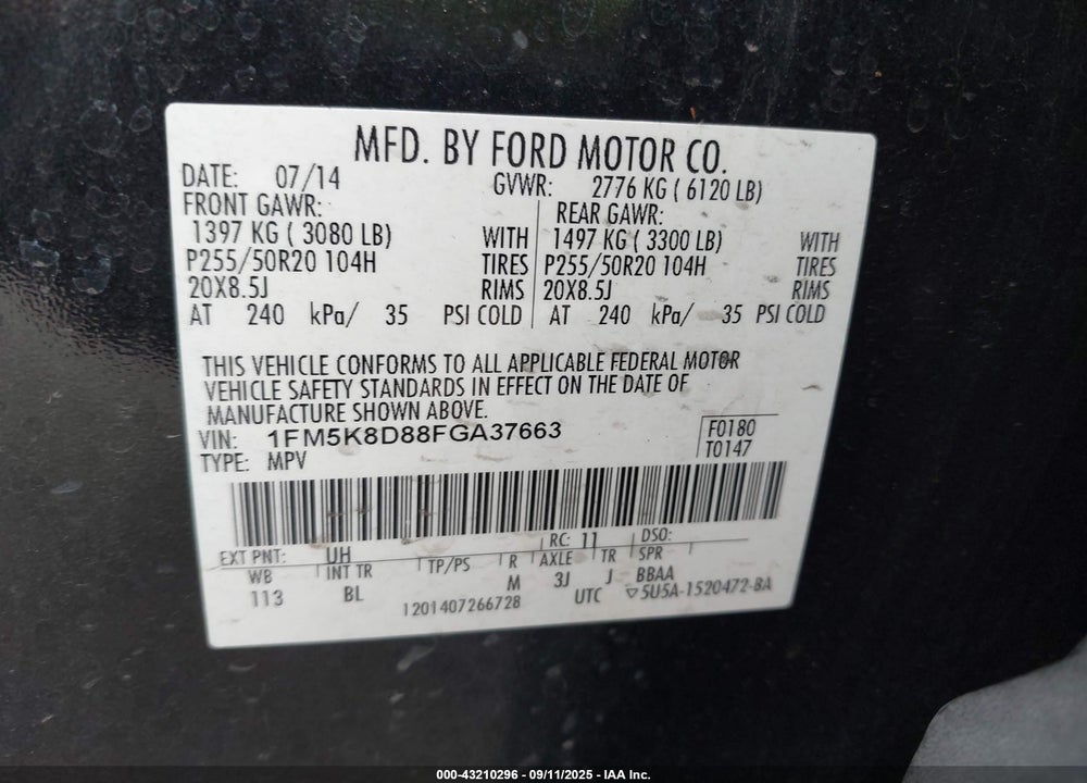 2015 FORD EXPLORER VIN: 1FM5K8D88FGA37663