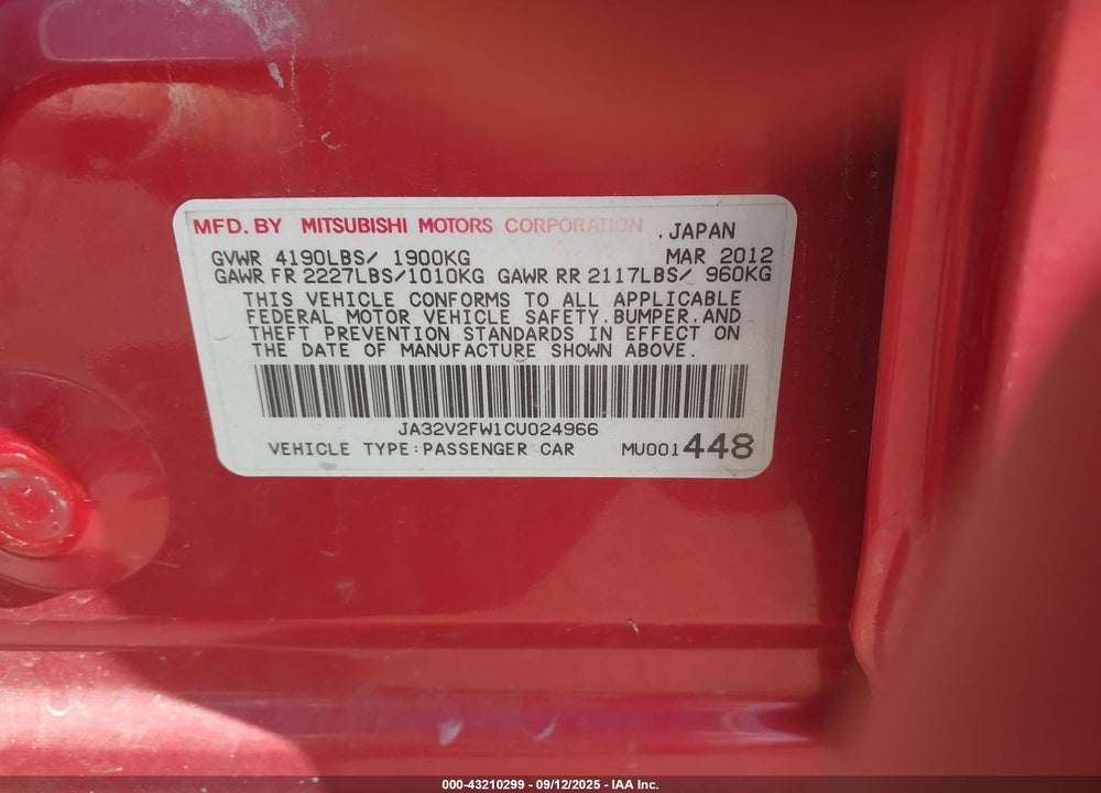 2012 MITSUBISHI LANCER VIN: JA32V2FW1CU024966