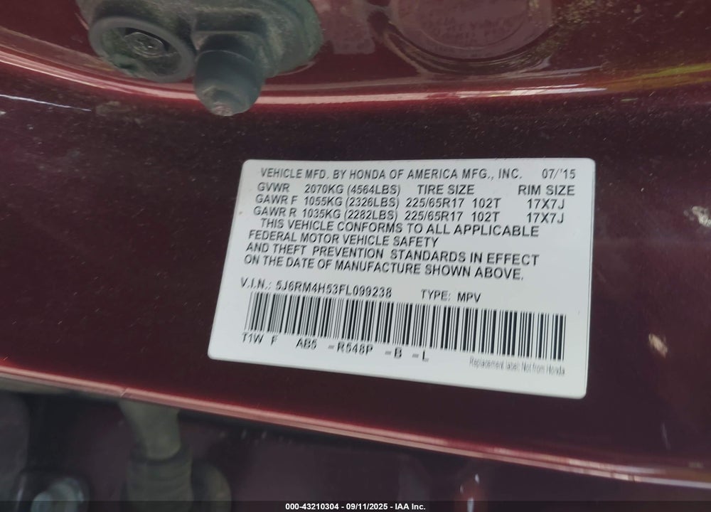 2015 HONDA CR-V VIN: 5J6RM4H53FL099238
