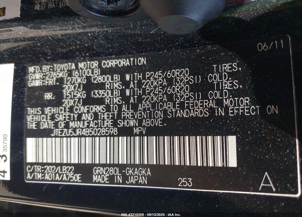 2011 TOYOTA 4RUNNER VIN: JTEZU5JR4B5028598