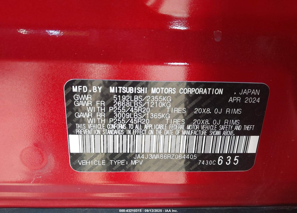 2024 MITSUBISHI OUTLANDER VIN: JA4J3WA86RZ064405