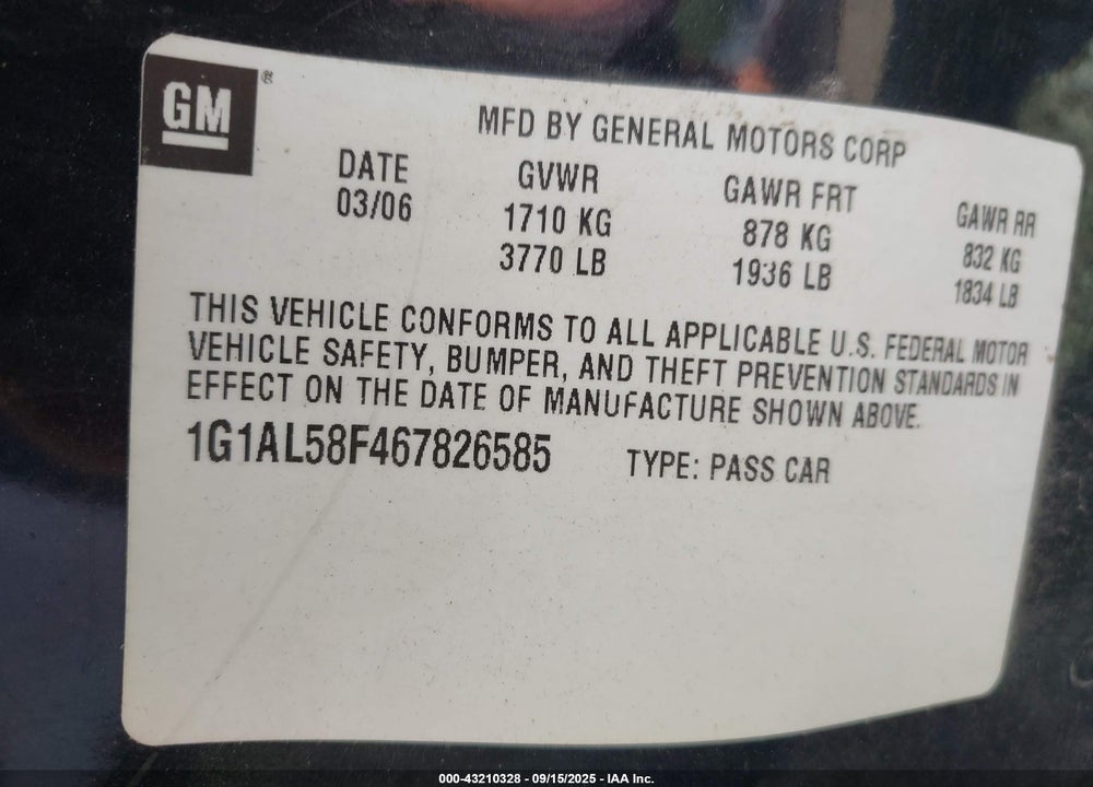 2006 CHEVROLET COBALT LT VIN: 1G1AL58F467826585