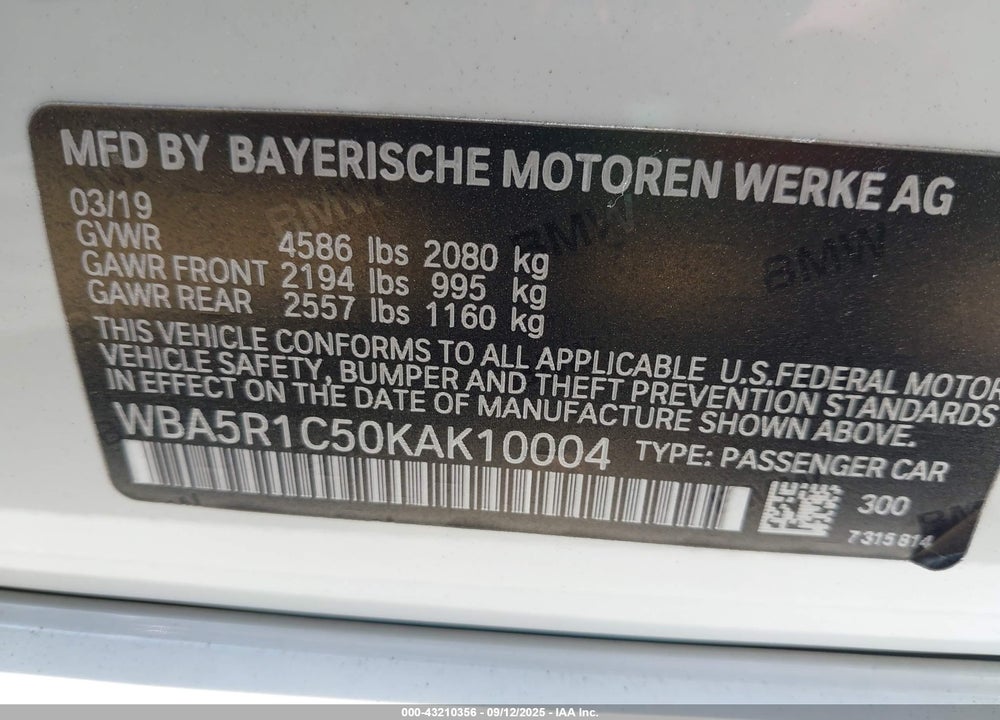 2019 BMW 330I VIN: WBA5R1C50KAK10004