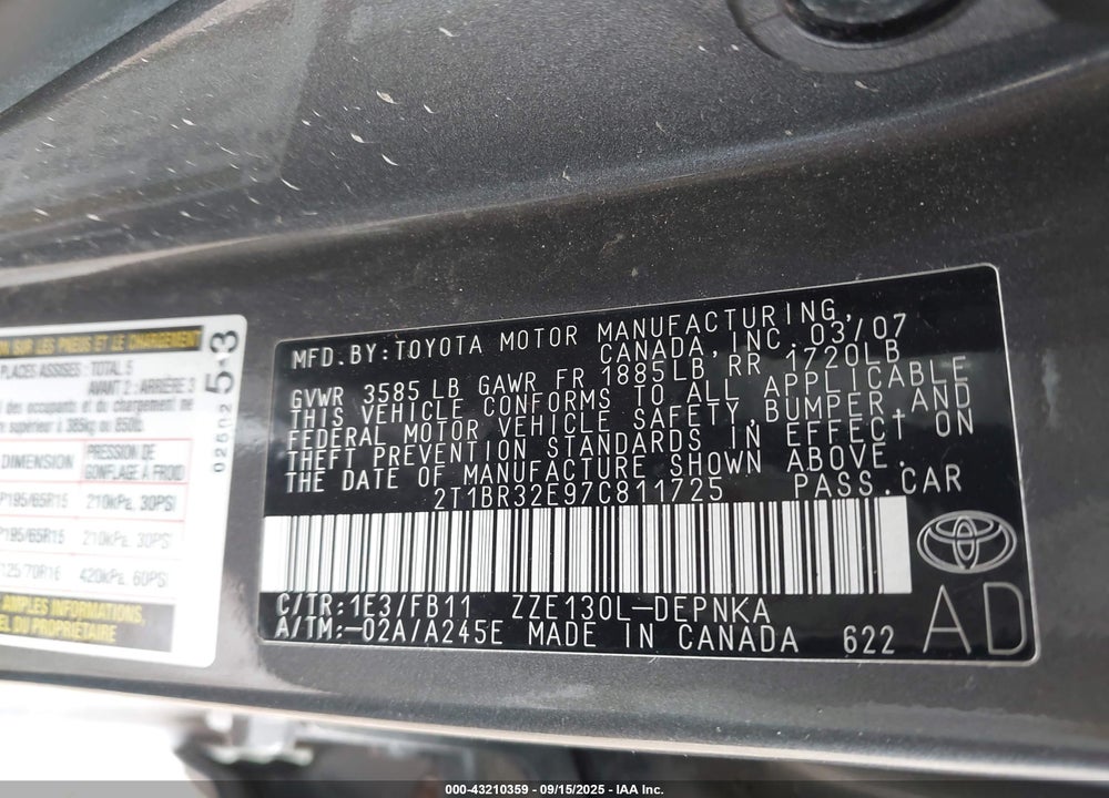 2007 TOYOTA COROLLA LE VIN: 2T1BR32E97C811725