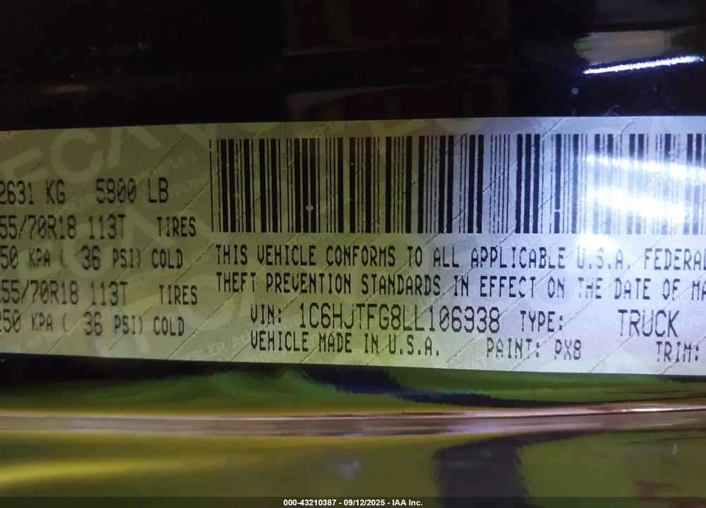 2020 JEEP GLADIATOR VIN: 1C6HJTFG8LL106938