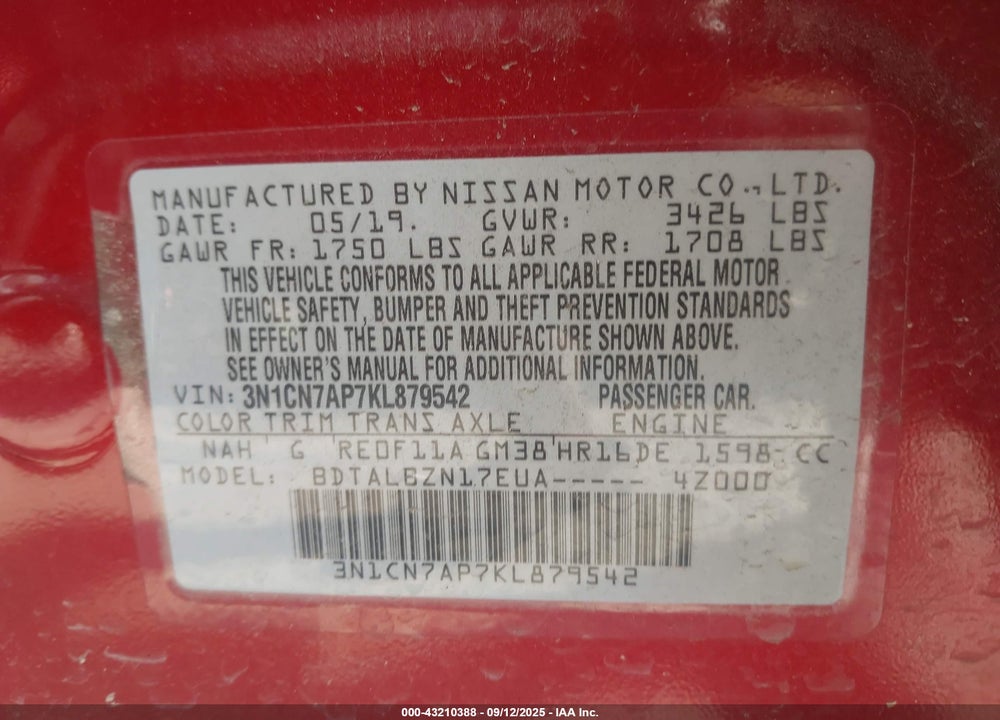 2019 NISSAN VERSA VIN: 3N1CN7AP7KL879542