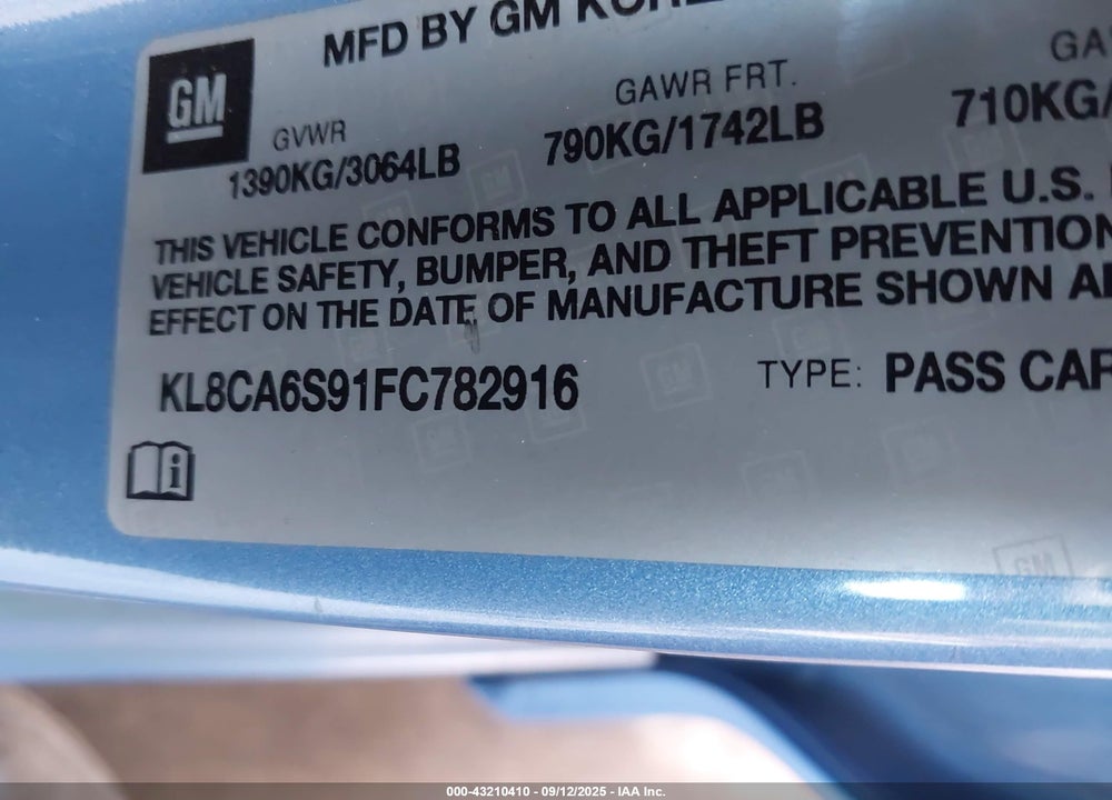 2015 CHEVROLET SPARK VIN: KL8CA6S91FC782916