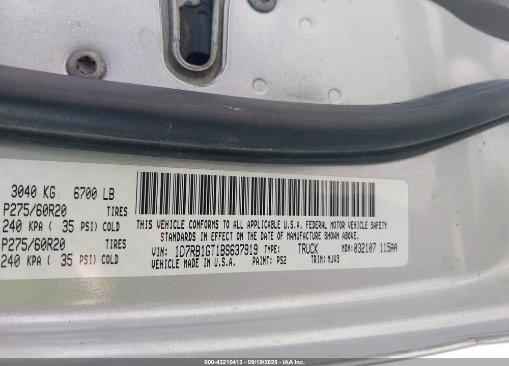 2011 RAM 1500 VIN: 1D7RB1GT1BS637919